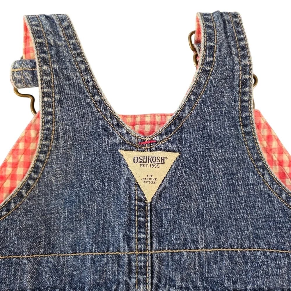 OshKosh B'gosh Vintage Baby Girl Denim Overall Dress 18 Months Pink Gingham